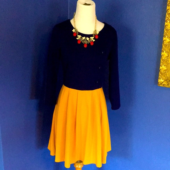 Modcloth Snow White 🍎 twofer dress indigo cobalt blue & goldenrod yellow - Picture 16 of 17